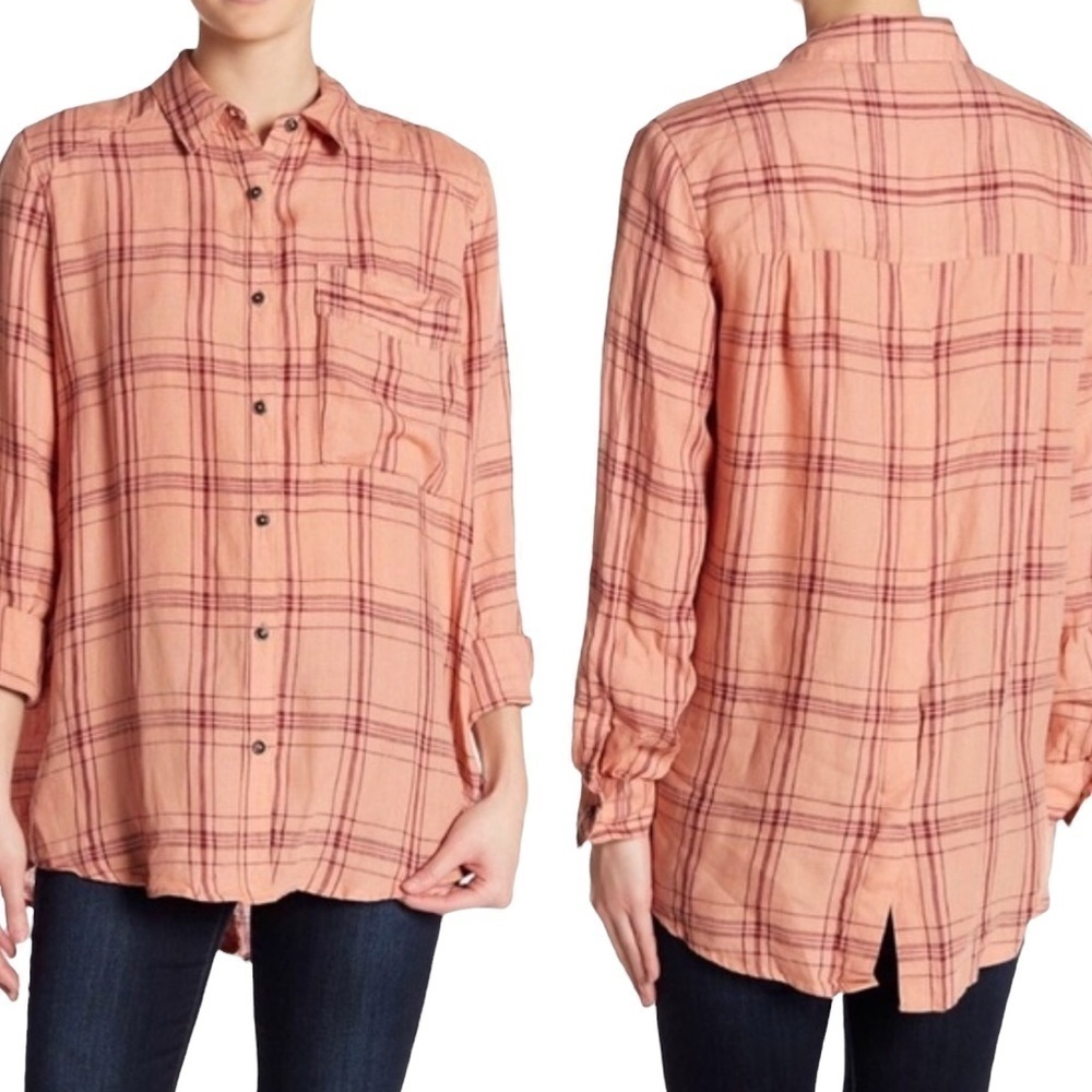 Free People Orange Plaid Burton Down T-Shirt
